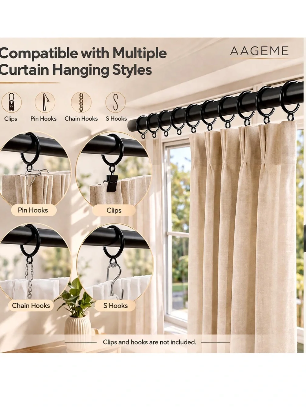 BLACK DRAPERY RINGS Metal Curtain Rings with Eyelet (fits up to 1” rod) 60pc.